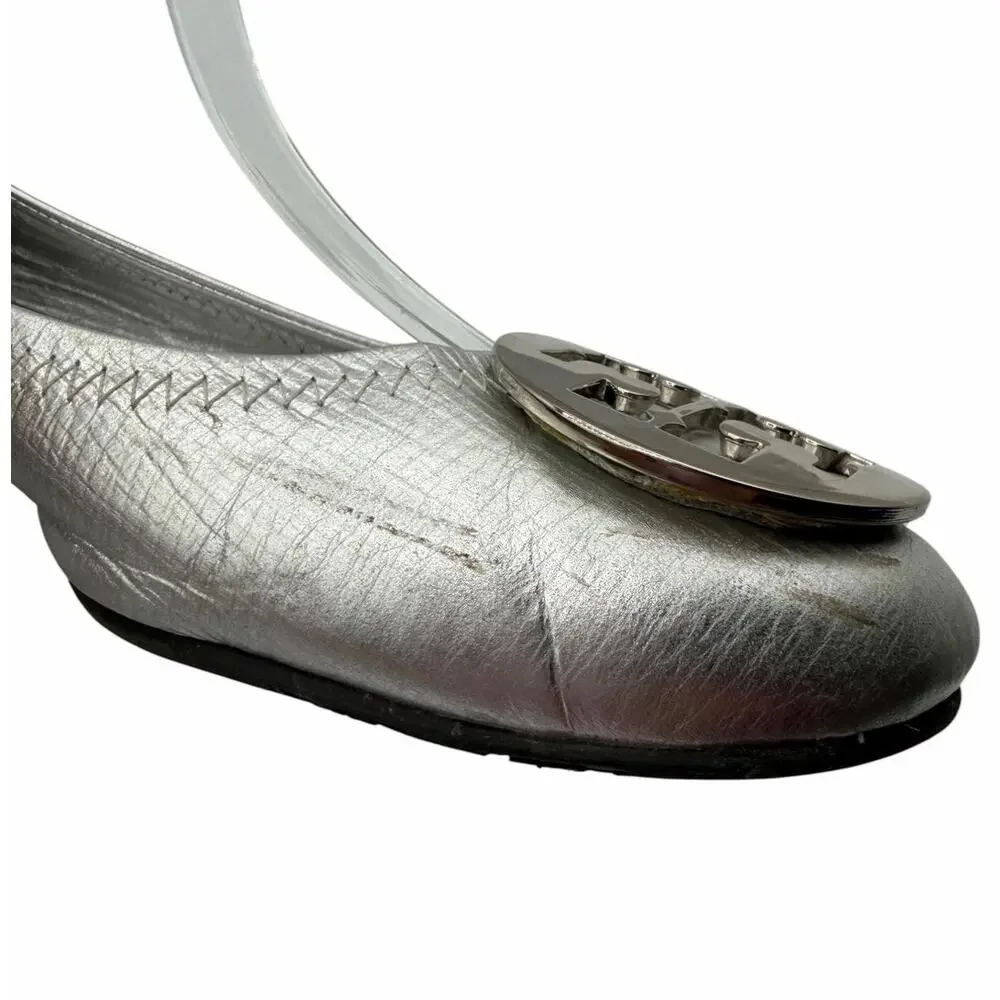 Tory Burch Reva Flats Silver Metallic Leather Logo Medallion Shoes Size 10 Y2K